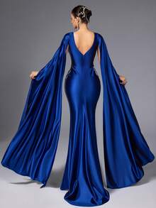 VIPGIRL Royal Blue Satin Cape Evening Dress With 3D Floral Embroidery, Mermaid Formal Gown, Elegant Prom Dress, Luxury Long Dress, Red Carpet Outfit, Women Formal & Evening Dresses, Party Dress, For Wedding Guest - Royal Blue - View 2