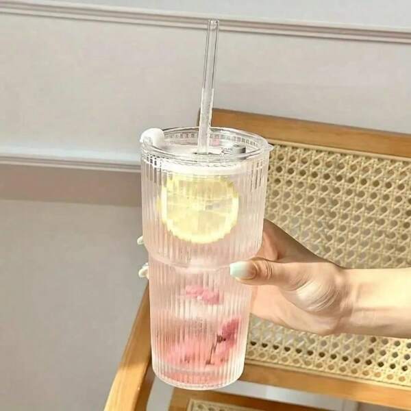 1-Piece Set Of 600ml/21oz Large Capacity Water Cups, New Women's Summer Glass Cup With Lid And Straw, Vertical Striped Glass Cup,Heat Resistant Glass Coffee Cup With Lid And Straw - Leak Proof Portable Hot Drink Cup, Suitable For Office And Outdoor Travel