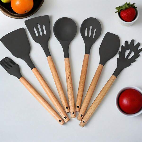 7-Piece Silicone Kitchen Utensil Set With Wooden Handles-Non-Stick, Heat-Resistant Cooking Tools For Home And Restaurant Use - Perfect For Holidays Like Halloween, Christmas, Valentine's Day, Thanksgiving, Mother's Day