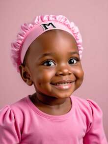 A-Z Letter Print Pink Elastic Wide Brim Satin Sleeping Cap For Kids - Fit, Breathable Comfort, Anti-Slip Lining - Pink - View 5