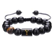 1pc Natural Black Agate 26 Letter Beaded Adjustable Braided Bracelet, Suitable For Various Occasions Like Festivals, Sports, Casual, Business Wear