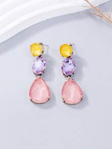 1 Pasang Anting-Anting Berlian Imitasi Warna-warni Elegan Bentuk Tetesan Air Mata untuk Pesta Wanita - Bubuk kuning ungu - View 1
