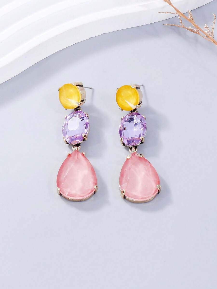 1 Pasang Anting-Anting Berlian Imitasi Warna-warni Elegan Bentuk Tetesan Air Mata untuk Pesta Wanita - Bubuk kuning ungu - View 1