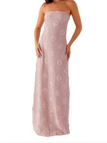 Women Long Dress 3D Flower Tube Dress Summer Fashion Backless Casual Strapless Dress - Hồng - Xem 7