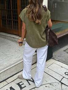 Solid Color Pocket Button Shoulder Sleeve Turndown Collar Shirt - Green - View 5