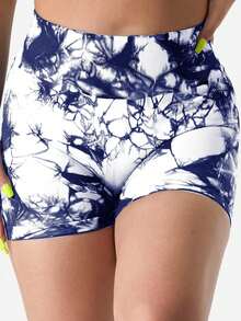 Quần short tập thể dục nhuộm loang cho nữ, quần short tập yoga cạp cao nâng mông liền mạch, đồ thể thao cho nữ - Màu xanh lam - Xem 2