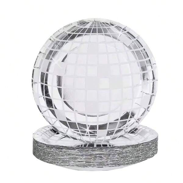20-częściowy zestaw naczyń jednorazowych Disco Ball Party odpowiedni na wesele, przyjęcie, przyjęcie urodzinowe Jednorazowe talerze papierowe z holograficznym nadrukiem Disco Ball do dekoracji stołu jadalnego Disco Ball Party Set Silver Tone Tableware
