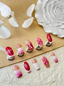 10 Peças de Unhas Feitas à Mão, Design de Efeito Tie Dye 3D, Linhas Desenhadas à Mão, Contas, Flores Entalhadas, Tipo Caixão são Clássicos Feitos à Mão por Mulheres e Meninas, com 1 Peça de Gel e 1 Peça de Lixa Anexadas.