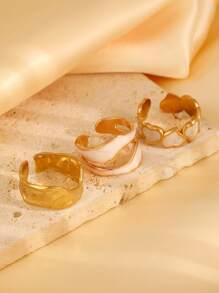 3pcs Set Fashionable Painted Oil Heart Line 18K Gold Plated Stainless Steel Rings, Suitable For Dating, Casual Wear