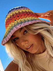 1 pièce Chapeau seau en paille rayé bicolore pour femmes, adapté pour le port quotidien, les sorties d'été et les vacances pour la protection solaire Boho