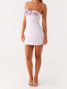 Women's Strapless 3D Flower Mini Dress Elegant Ruffle Short Tube Dress With 3D Floral Backless Cocktail Party Bodycon Dress Clubwear - Màu tím - Xem 2