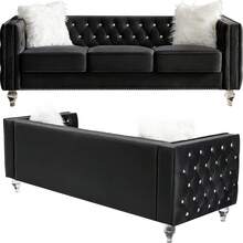 FYLCOUAM Velvet Loveseat Sofa Jeweled Buttons Glitter Jeweled Furniture Decor Tufted Loveseat With Acrylic Crystal Legs And 2 Pillows Modern Furniture For Living Room Bedroom - 黑色 - 查看 5