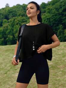 Women Casual Sexy Backless Round Neck Short Batwing Sleeve T Shirt In Cotton Blends - màu đen - Xem 3