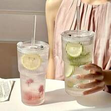600毫升/21盎司大容量水瓶套装，新款夏季女士玻璃杯，带盖吸管，竖条纹玻璃杯，耐热玻璃咖啡杯，带盖吸管 - 防漏便携式热饮杯，适合办公室和户外旅行 - 大紋竹節吸管杯(杯+蓋+吸管) - 查看 6
