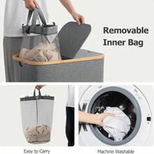 Set di cesti portaoggetti per il bucato di grandi dimensioni, pieghevole con coperchio, con manico, con borsa interna rimovibile, cesto portabiancheria con manico in bambù, adatto per dormitori, camere da letto, bagni, organizzazione dello spazio, forma rettangolare, cesto per il bucato