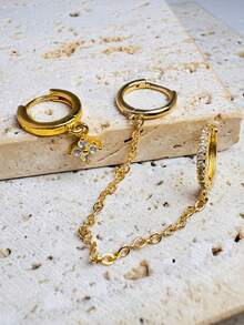 三件套耳环，精致小巧，多孔设计，可爱立方氧化锆花朵造型，14K金材质，轻盈低敏，适合耳骨穿孔，女士饰品