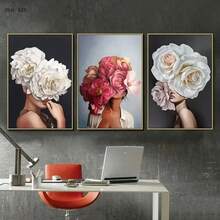 1 pieza Pintura en lienzo con retrato de mujer y flor, arte de pared moderno para decoración del hogar, sala de estar, dormitorio, regalo opcional con marco - Multicolor - Ver 1