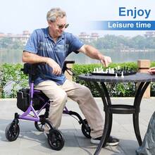 WALK MATE Rollator Walker For Seniors With Cup Holder, Upgraded Thumb Press Button For Height Adjustment, 4 X 8" Wheels Walker With Seat Padded Backrest Folding Lightweight Walking Aid - 紫色 - 查看 10