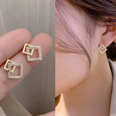 1 Pair Women's Simple Geometric Rhinestone Earrings, Suitable For Festivals, Parties, Weddings