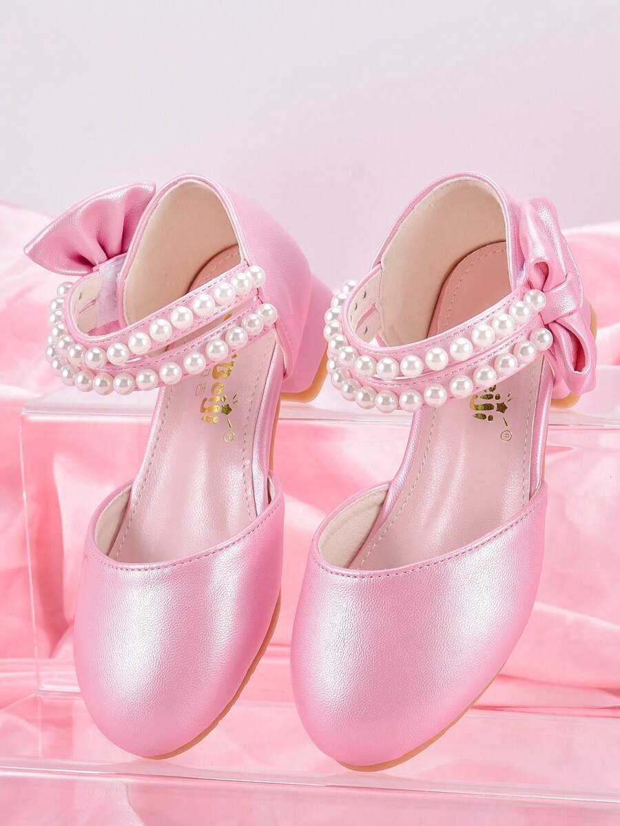 Girls' Fashion White High Heel Shoes, Children's Formal Dress Shoes With Pearl Decor, White & Pink Princess Shoes Suitable For Little Girls, Infants, Performances, Banquets, Matching Dresses - Pink - View 1