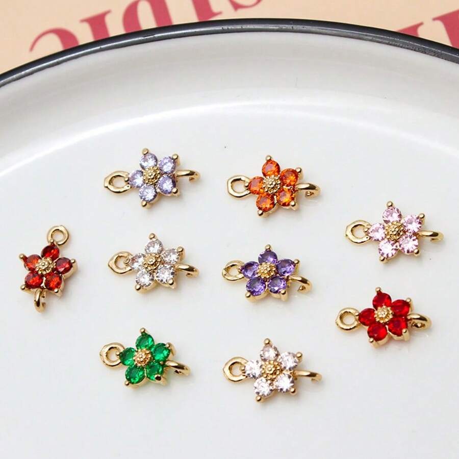 5/10件铜镀金微镶锆石双花吊坠，DIY耳环，发饰，流苏装饰材料 - 彩色 - 查看 1