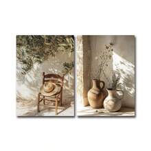 Vintage Mediterranean Autumn Landscape Posters Set Of 2 Print, Straw Hat Chair Decor, Olive Tree Print, Rustic Clay Vases Wall Art, Neutral Pottery Wall Art Decor, Mediterranean Minimalism Autumn Wall Art, Vintage Travel Landscape Wall Decor, No Frame - Multicolor - View 9