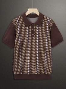 Camisa polo masculina retrô com estampa pied-de-poule de malha e manga curta
