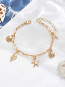 1 Stück Armband mit Anhänger im Sommer Urlaubsmeer-Thema für Frauen, vintage minimalistischer eleganter Boho Metallstil mit Charms in Goldfarbe wie Seestern, Muschelschale, Konche, vielseitig für Alltag, Strandparty, Feierlichkeiten, Geschenk
