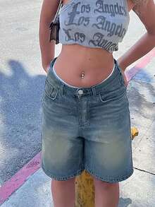 Y2K Vintage Washed Diagonal Pocket Cat Whisker Flare Bermuda Jeans & Knee-Length Denim Shorts - 藍色 - 查看 4