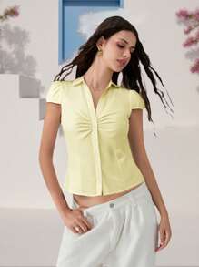 Women's Button Down Shirts Cap Sleeve Lapel Collar Tie Back Slim Fit Tops Summer Shirts