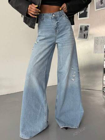 SQUALO Jeans a vita alta ampia gamba con lavaggio blue retrò in stile Y2K, adatti per uscite e feste