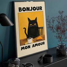 1 Black Cat Eating Breakfast "Bonjour Mon Amour" Canvas Printed Posters, Modern Wall Arts Decoration Painting Used For Coffee Shops, Homes, Bedrooms, Living Rooms, Kitchens, Bathrooms, Offices, Home Decoration, Decorating Houses, Hanging Decorations - Multicolor - View 5