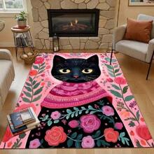 A Large Modern Minimalist-Style Rug Featuring A Pink Black Cat Pattern, Designed With Personalized Black Cat Motifs In A Contemporary And Simple Aesthetic; Retro-Inspired Style That Perfectly Complements Various Home Decor. Crafted From High-Density Materials With Anti-Slip Particles On The Underside For Enhanced Friction. Kitchen Rug