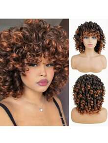 Synthetic Heat Resistant Wig Bouncy Full Curly Wig With Bangs 14 Inch 1BT30 Chemical Fiber Wig With Bangs Daily Used Easy To Wear Beginner Friendly Big Bouncy Fluff Curly Wig - 1BT30 - 查看 2