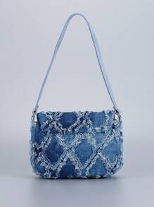 Geantă de umăr simplă din denim la modă, cu design brut la margini, pentru vacanță, întâlniri, cumpărături, cadouri, naveta, facultate, sărbători, viața de zi cu zi.