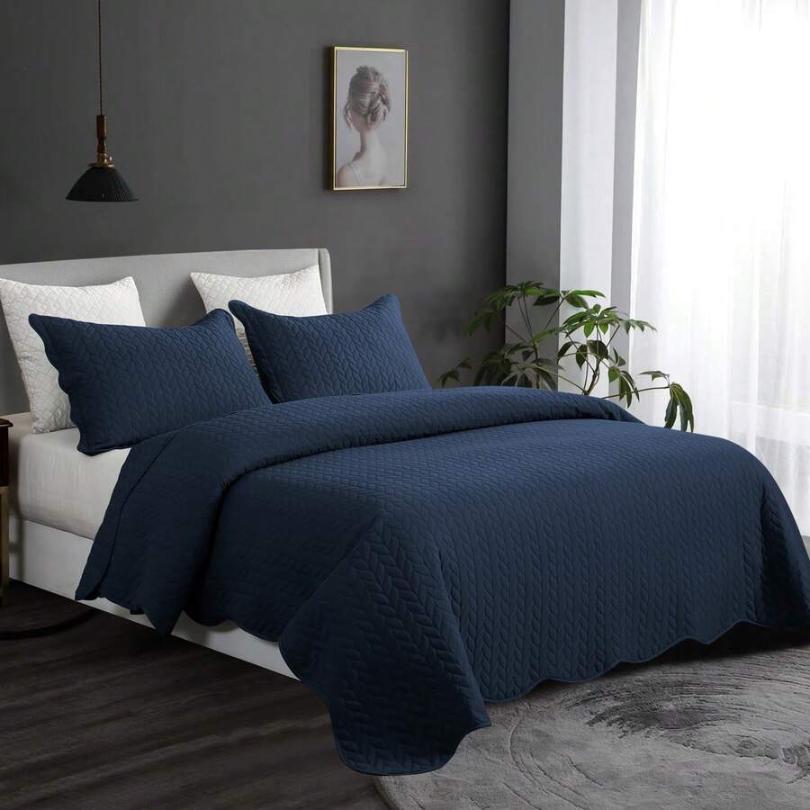 Dark Grey Ultrasonic Full/Queen Quilt Set, Lightweight Soft Bedspread Blanket, Soft Lightweight Microfiber Quilted Bedding Set For All Season, 3 Piece (1 Quilt, 2 Pillow Shams) - Navy Blue - View 1