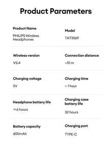 PHILIPS 飞利浦 TAT3569 极简蓝牙耳机,半入耳式,ANC 动态降噪,360 度环绕声,深沉低音,ENC 双麦克风降噪,适用于游戏、运动、商务,硅胶无线耳塞,兼容智能手机和电脑 - 彩色 - 查看 11