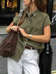 Solid Color Pocket Button Shoulder Sleeve Turndown Collar Shirt - Green - View 3