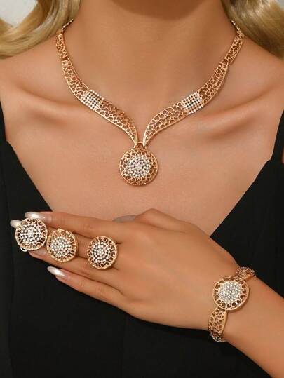 5pcs/Set Luxurious & Exaggerated Gold-Tone Rhinestone Studded Leaf Design Necklace, Earrings, Ring, Bracelet Set For Women's Wedding Party