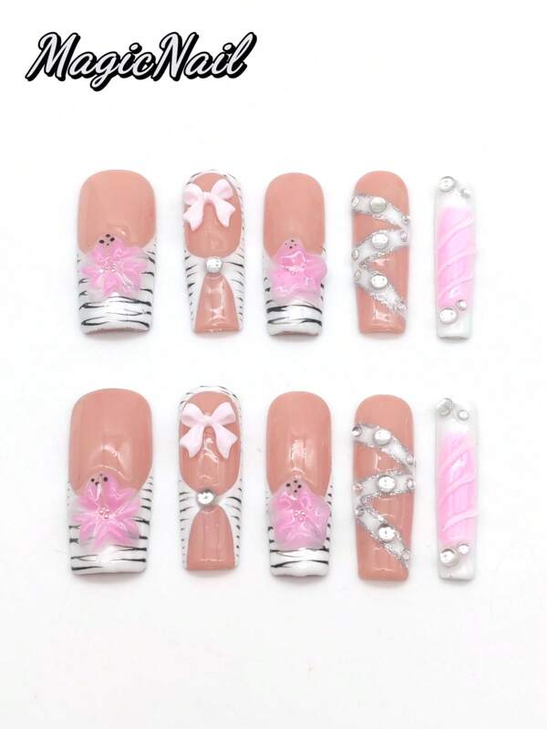 10 Pieces Of Pure Hand-Pressed Wearable Nail, 33mm Long Nail Pieces, Flesh-Colored White Color Matching, 3D Bow Ornaments, Hand-Painted Black Stripes, Hand-Kneaded Convex Flower Pink Depiction, White Line Small Diamond Embellishment, Convex Line Decoration. Spring And Summer Style, Cute Nail Film. It Is Suitable For Daily Leisure Vacations, And It Is Worn When Participating In Dances, Banquets, Parties, Shows And Other Activities.