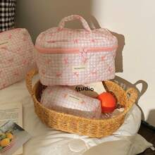 1pc SML Korean Style Plaid Bow Makeup Bag, Large Capacity Portable Travel Toiletry Organizer
