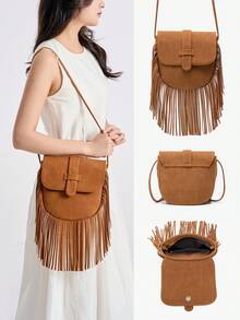 MIYIN 1pc Fashionable Vintage Fringed Bag For Woman,Metal Decor Flip Tassel Crossbody Bag, Retro Matte Bohemian Style Women Bag For Festivals,Vacation,Holiday,Travel,Outdoor,Shopping, Dating, Party, Small Saddle Bag Handbag Shoulder Bag Western Purse For Lady - Multicolor - View 9