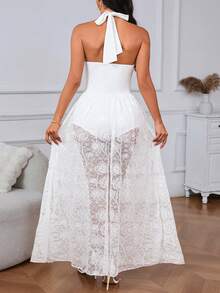 Elegant V-Neck Lace Patchwork Open Back Halter Bodysuit Dress - White - View 2