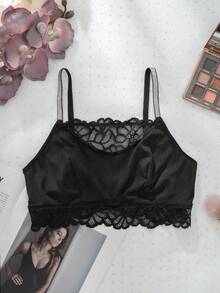 Women's Wireless Lace Patchwork Design Bra - Black - View 6