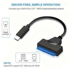 Cable adaptador SATA a USB C 3.0 para transferencia de datos de HDD/SSD de 2.5", convertidor de unidad de disco duro externa que admite UASP (Negro)