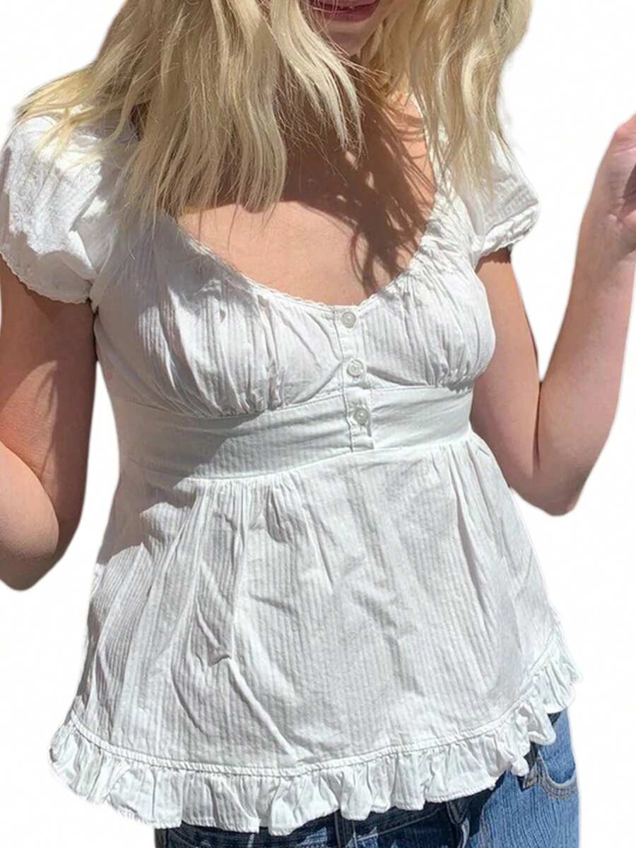 Women Y2K Fairy Grunge Crop Top Vintage Aesthetic Puff Short Sleeves Slim Babyboll Shirt Cute Coquette Top Clothes - 白色 - 查看 1