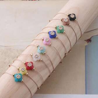 1pc Boho Chic Adjustable Bracelet Stainless Steel Natural Stone Four Lucky Flower Rhinestone Beaded Friendship Wrap Bracelet, Handmade Hippie Anklet For Women, Stackable Summer Jewelry Gift For Mom Her