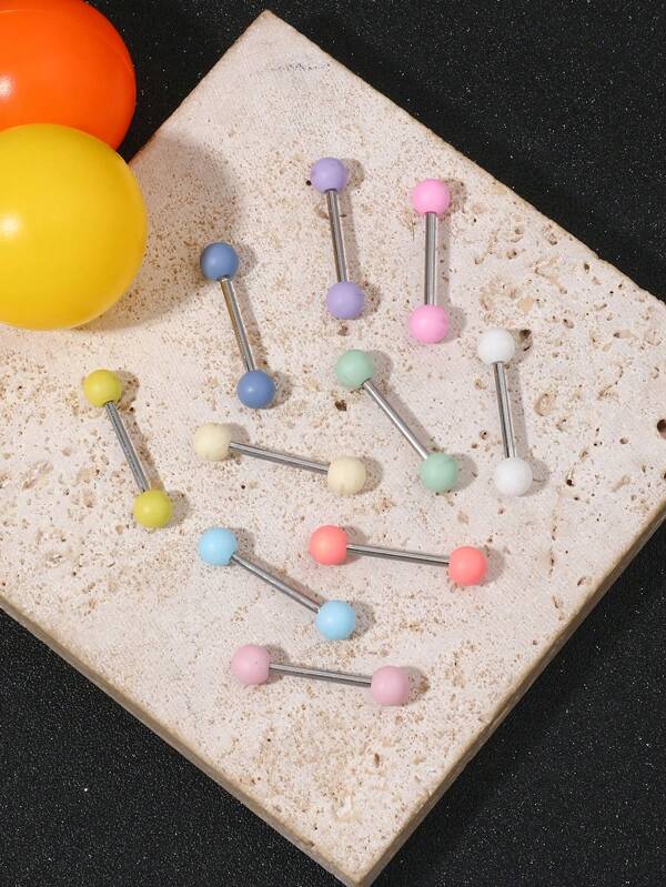 10pcs Stainless Steel Tongue Piercing Jewelry Studs, Acrylic Matte Effect, Hypoallergenic For Summer, Suitable For Halloween, Weddings, Mother's Day, Celebrations, Accessory For Ladies