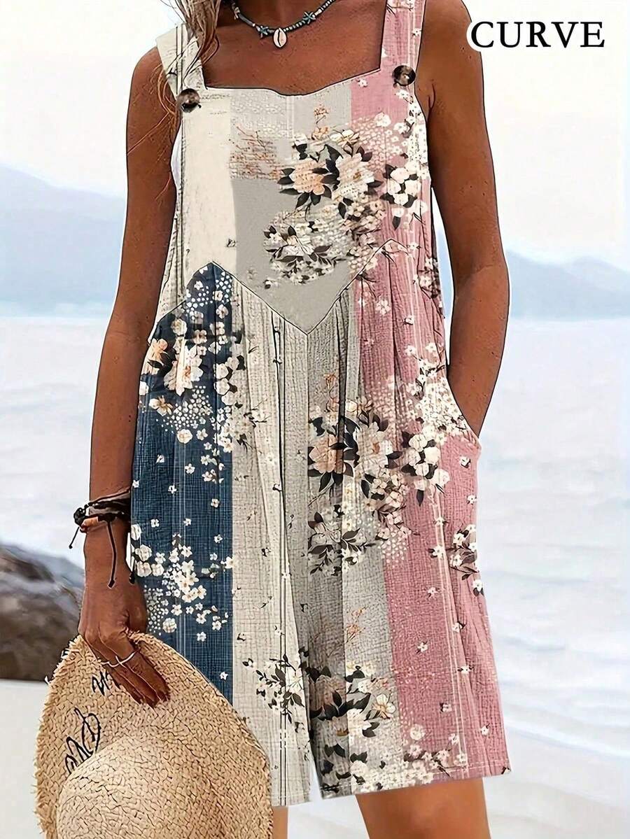 Plus Women's Floral Print Sleeveless Romper Casual - Pink - View 1