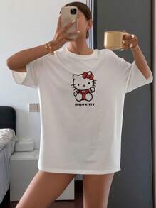 Sanrio Oversized Sanrio Hello Kitty Cute Print T-Shirt, Summer Basic Women Tops, Hello Kitty Summer Oversized T-Shirt